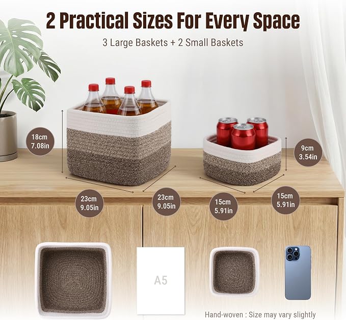 5-Pack Storage Cubes Woven Rope Baskets, 2 Sizes Organizer Bins | Ideal - Image 2