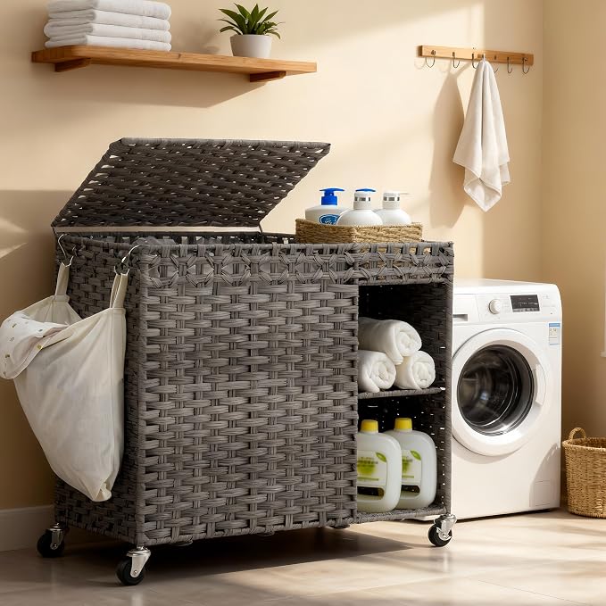 Laundry Hamper with Lid, 160L Rattan Wicker Laundry Basket with Wheels by HEYBLY