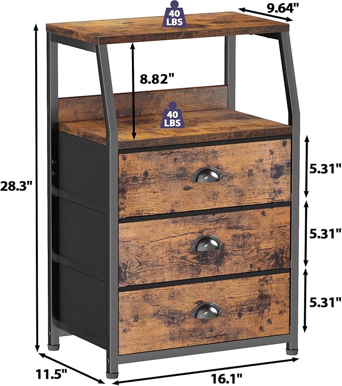 Furnulem Nightstand with 3 Fabric Drawers, Small Bedroom Storage Cabinet | - Image 3