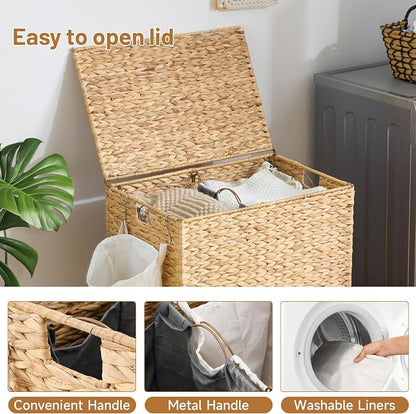 Laundry Hamper with Wheels, 40.92 Gallon Water Hyacinth Laundry Basket with Lid - Image 7