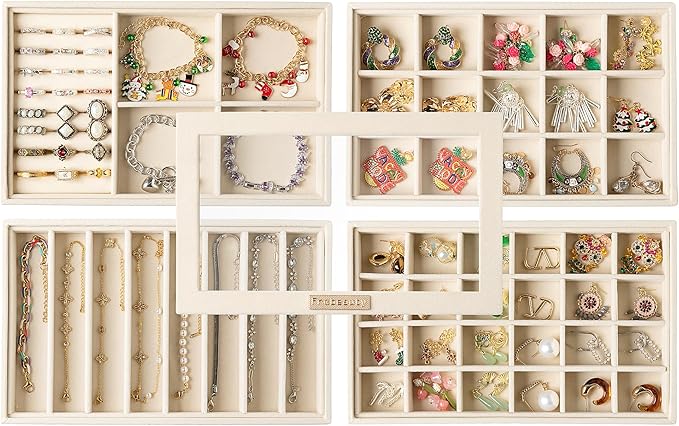 Frebeauty Stackable Jewelry Trays, Removable Glass Lid, Drawer Inserts by Frebeauty