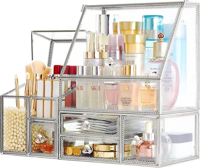 Hersoo Glass Makeup Organizer for Vanity/Stackable 2Pieces Drawer Set/Antique - Image 4
