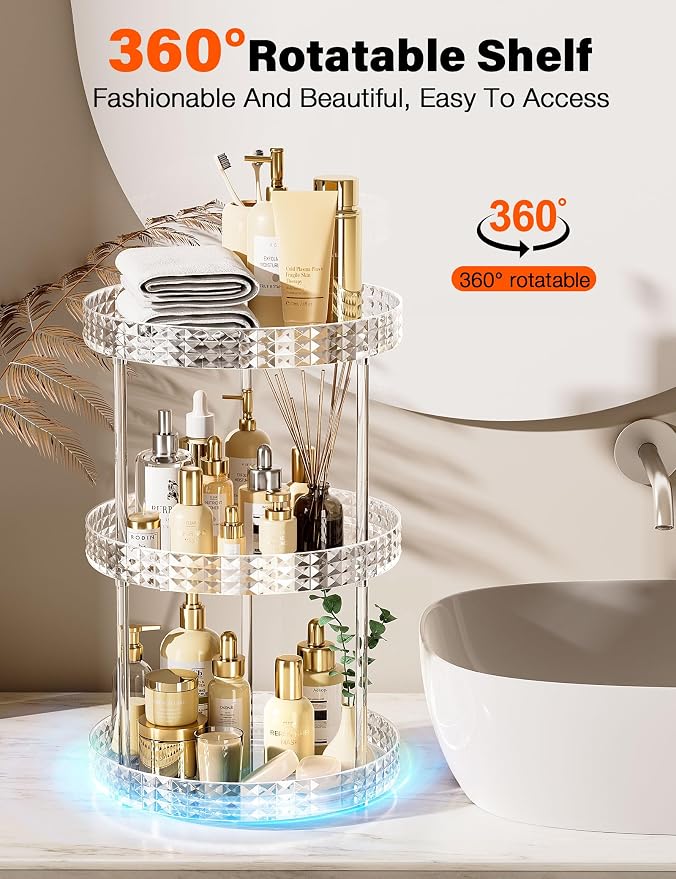 3Tier Diamond Lazy Susan Bathroom Countertop Organizer, 360° Clear Rotating - Image 5
