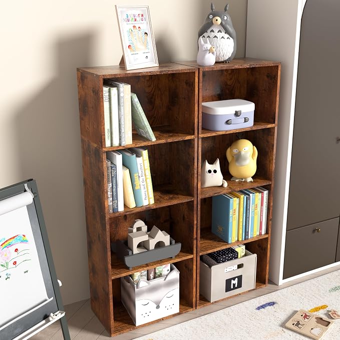 Wooden 4 Cube Storage Organizer, 4 Tier Tall Vintage Bookshelf Freestanding - Image 8