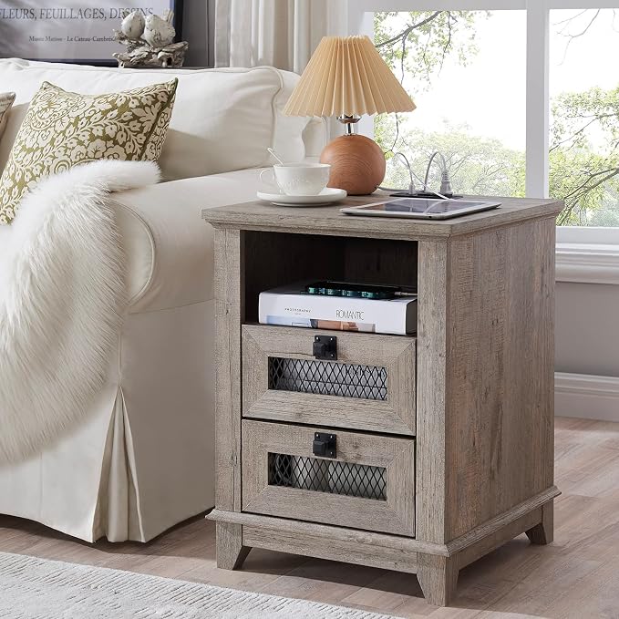 Nightstand with Charging Station, OKD 18'' Industrial & Farmhouse End Table by OKD