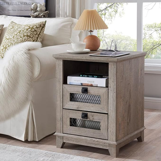 Nightstand with Charging Station, OKD 18'' Industrial & Farmhouse End Table by OKD