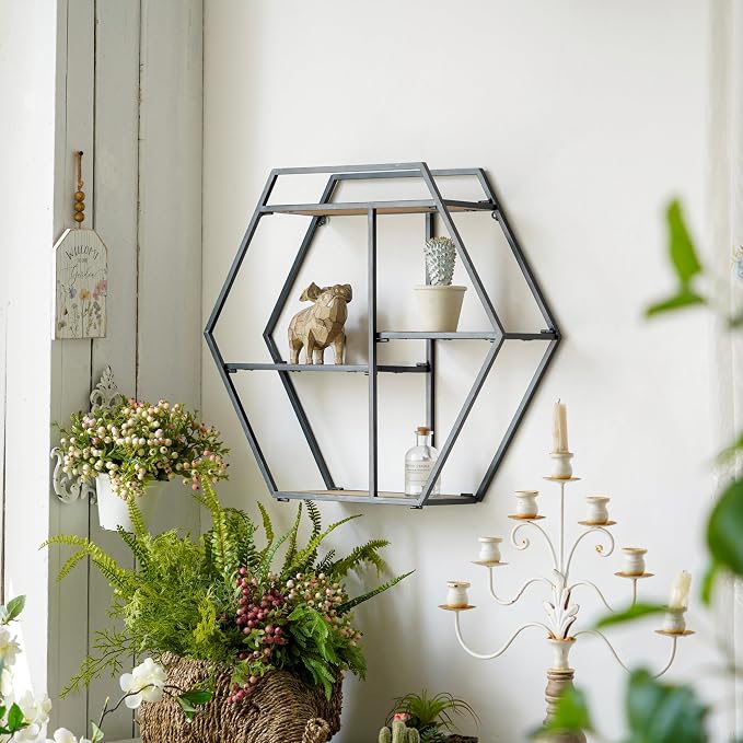 4 Tier Industrial Style Foldable Hexagon-Shaped Wall Shelves | 21" x 24" - Image 9