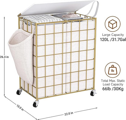 Laundry Basket with Wheels, Heavy Duty Laundry Sorter 2 Sections, 120L Large - Image 3