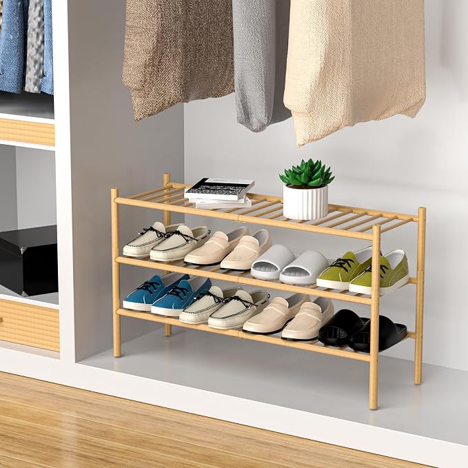 3-Tier Bamboo Long Shoe Rack, Free Standing Wood Shoe Shelf Storage Organizer - Image 4