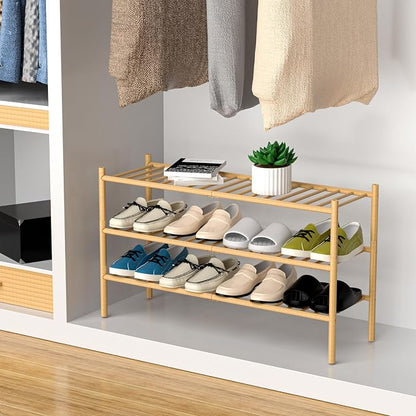 3-Tier Bamboo Long Shoe Rack, Free Standing Wood Shoe Shelf Storage Organizer - Image 4