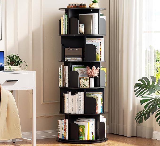 Aheaplus 5 Tier Rotating Bookshelf, Wood Spinning Bookshelf Tower, Round by Aheaplus