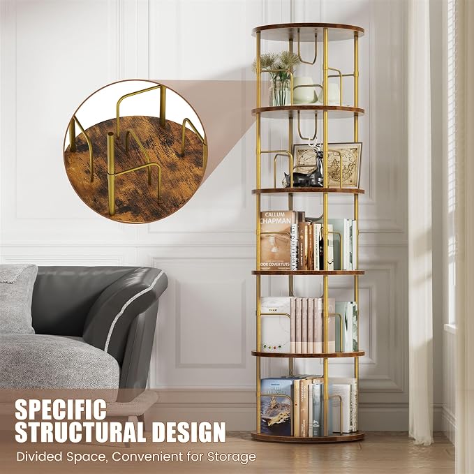 Flycity 5 Tier Rotating Bookshelf, 360° Corner Bookshelf Tower, Round Revolving - Image 3