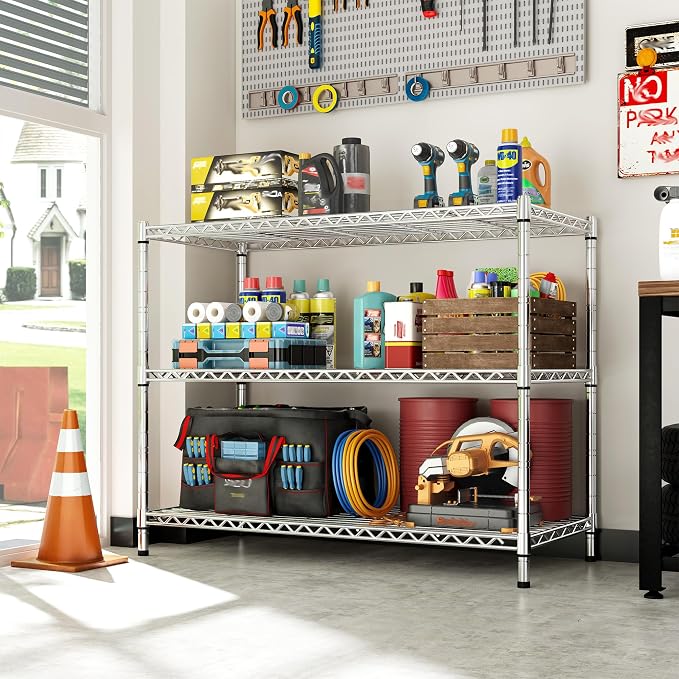 DurayLoly Heavy Duty 3-Tier Metal Shelving Unit, Adjustable Shelves, Chrome | - Image 10
