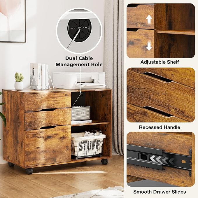 DUMOS File Cabinet with 3 Drawers, Wood Under Desk Storage Printer Stand | - Image 5