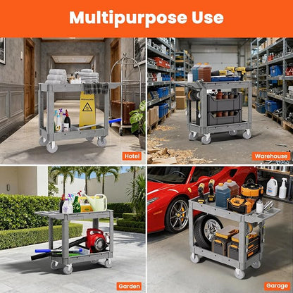 2 Tier Plastic Rolling Utility Cart on Wheels, Heavy Duty Tool Cart - Image 8