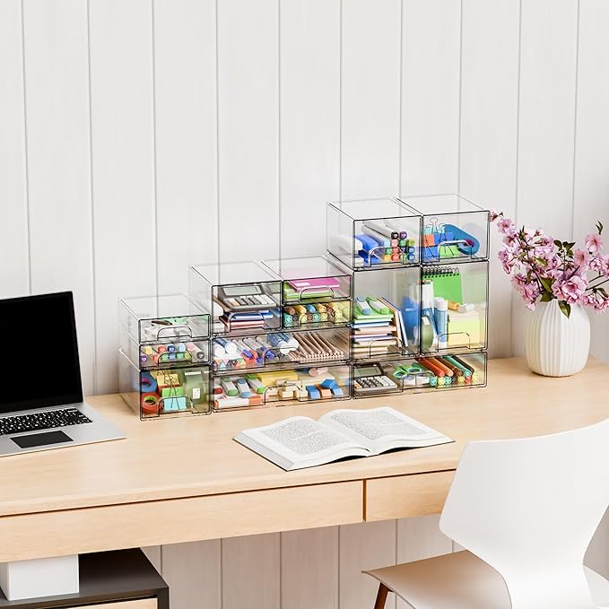 Yieach 8 Pack Small Clear Stackable Storage Drawers, 2.2'' Tall Desk - Image 2