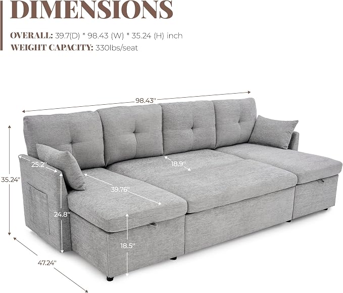 Huatean Home Oversized Sleeper Sofa Couch, 100 inch 2 in 1 Pullout Couch Bed - Image 3