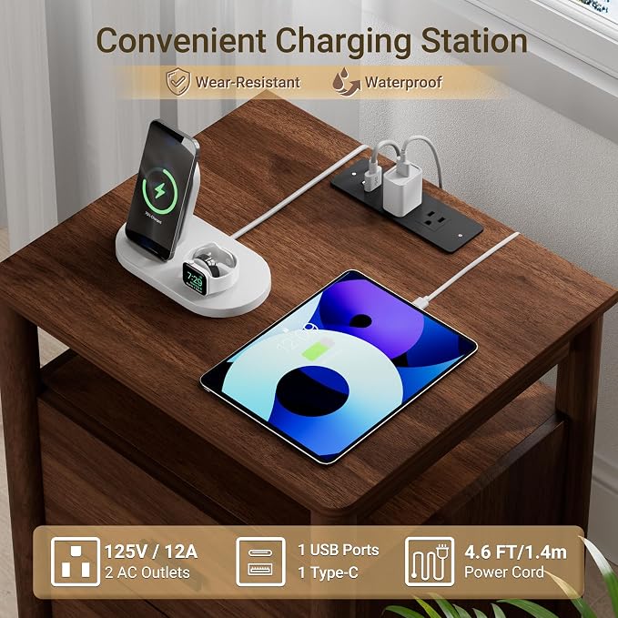 Night Stand with Charging Station, 2 Drawers Nightstand with Open Shelf - Image 4