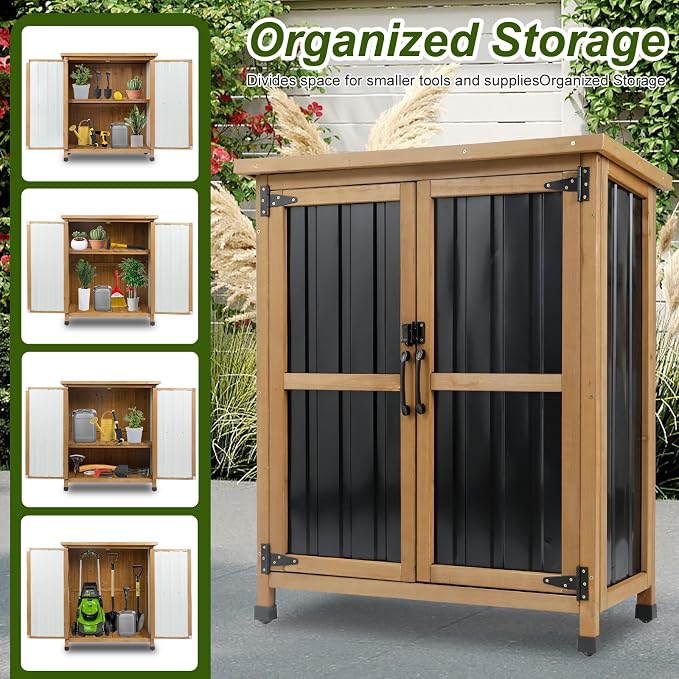 Ketive Outdoor Storage Cabinet, Wood & Metal Small Garden Tool Storage Cabinet - Image 8