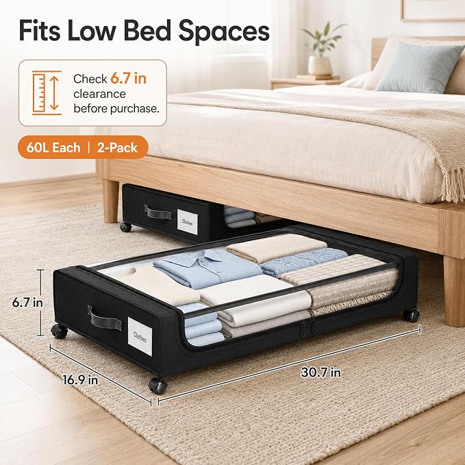 Camkey® Under Bed Storage with 360° Wheels, 60L Low-Profile Rolling Underbed - Image 6