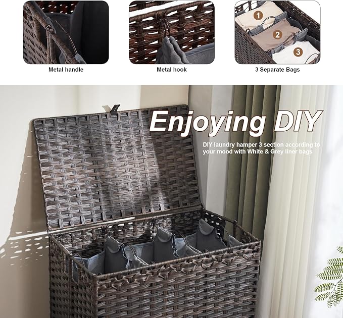 Laundry Hamper with Lid, 190L Large Laundry Basket 3 Section with 6 Removable - Image 5