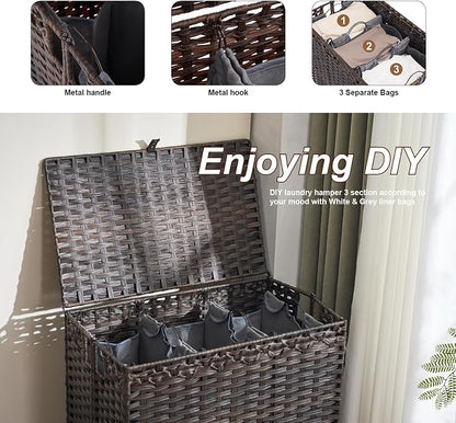 Laundry Hamper with Lid, 190L Large Laundry Basket 3 Section with 6 Removable - Image 5