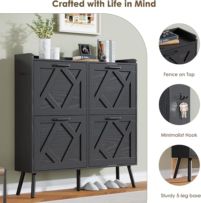 Nicetree Shoe Cabinet with 4 Flip Drawers, Hidden Shoe Rack Cabinet with Metal - Image 6