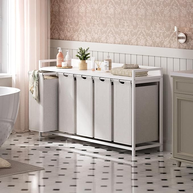 Laundry Hamper with Shelf, Laundry Basket 5 Section, Laundry Sorter with - Image 6