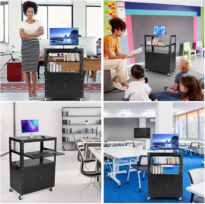 Mobile AV Cart with Locking Storage Cabinet, Adjustable Laptop Stand & Drop - Image 4