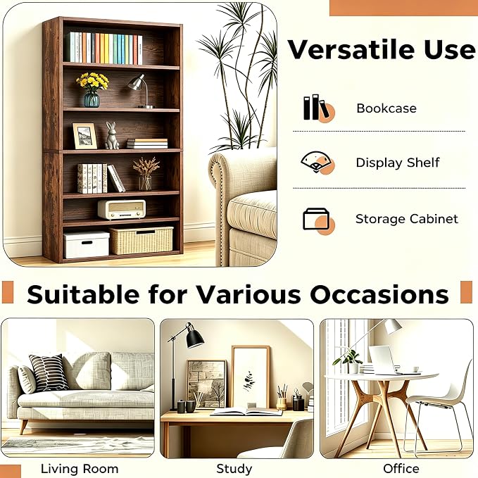 HealSmart 6 Tier Bookcase, Industrial 6 Book Shelf, 9.2" D x 23.8" W x 63" H - Image 6