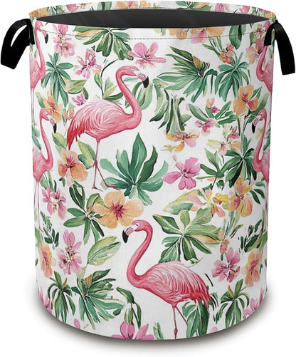 Pink Flamingo Laundry Basket, Floral Plam Collapsible Laundry Baskets by Unknown