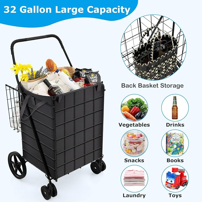 Goplus Folding Shopping Cart for Groceries, Upgraded Jumbo Grocery Cart - Image 2