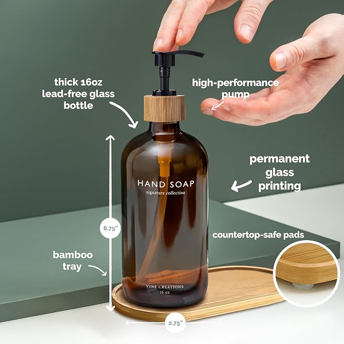 Vine Creations Amber Glass Soap Dispenser Set, Hand Soap and Dish Soap - Image 5