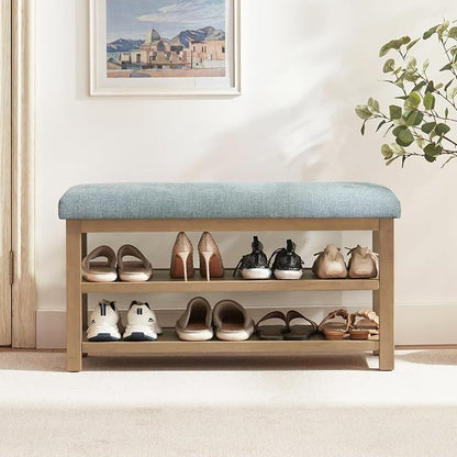 Zihanhome Shoe Rack Bench with Cushion, 2 Tier Solid Wood Storage Bench by Zihanhome