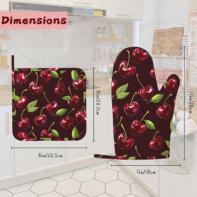 Red Cherry Heat-Resistant Silicone Oven Mitts and Pot Holders, Long Oven Gloves - Image 2