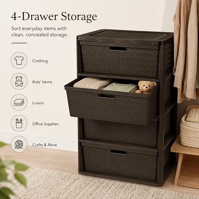 4 Drawer Storage Organizer, Plastic Drawer Organizer Tower, Closet Storage - Image 3