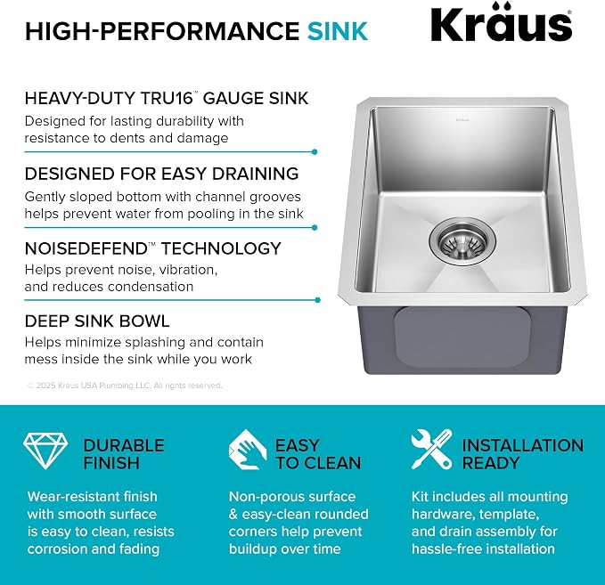 KRAUS Standart Pro 14 -inch Undermount Single Bowl 16 Gauge Stainless Steel Bar - Image 12
