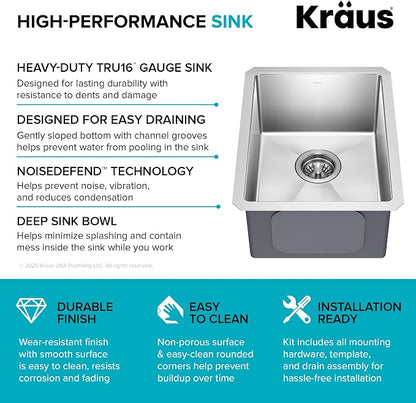 KRAUS Standart Pro 14 -inch Undermount Single Bowl 16 Gauge Stainless Steel Bar - Image 12