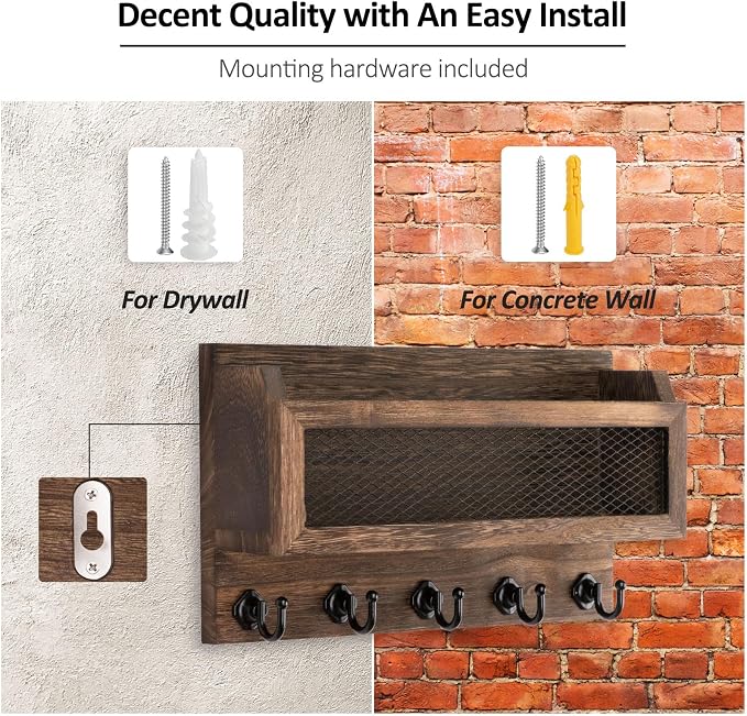 Nekon Mail and Key Holder for Wall Decorative, 11 Inch Wooden Wall Key Organizer - Image 7