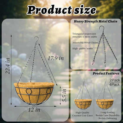 Classic Round Wire Hanging Basket 2 Packs 12 Inch Deep Coco Liner - Image 5