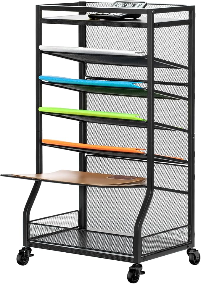 7 Tier Rolling File Cart with Sliding Trays, Wood Metal File Organizer Beside by ThreeHio