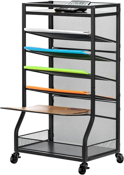 7 Tier Rolling File Cart with Sliding Trays, Wood Metal File Organizer Beside by ThreeHio