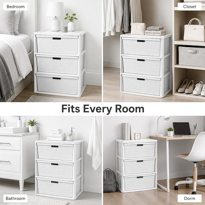Wide 3-Drawer Decorative Organizer Chest, Ergonomic Pull Handles, Opaque Bins - Image 7