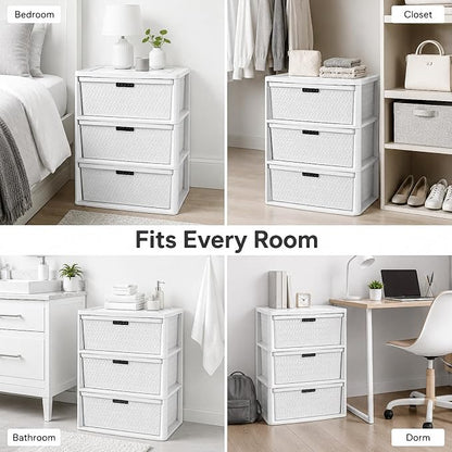 Wide 3-Drawer Decorative Organizer Chest, Ergonomic Pull Handles, Opaque Bins - Image 7