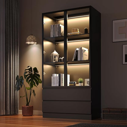 Wooden Display Cabinet with Glass Doors & 2 Drawers, LED Lights Glass Display by WildhomeYourHomeFurnishingSolution