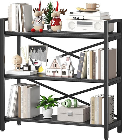 Homeiju 3 Tier Bookshelf 31.49" Width, Wood and Metal Etagere Bookcase by Homeiju