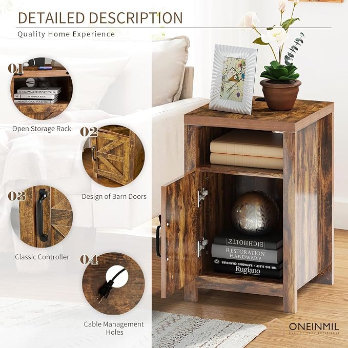 Farmhouse Nightstand with Charging Station, Couch Side Table Set of 2, Bedside - Image 2