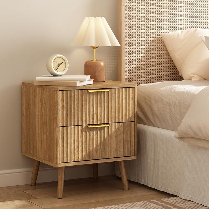 CARPETNAL Fluted Nightstand Set of 2, Walnut Bedside Table - Image 3