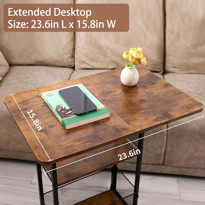 C Shaped End Table with Storage Shelf Basket, Small Couch Table with Wheels - Image 6