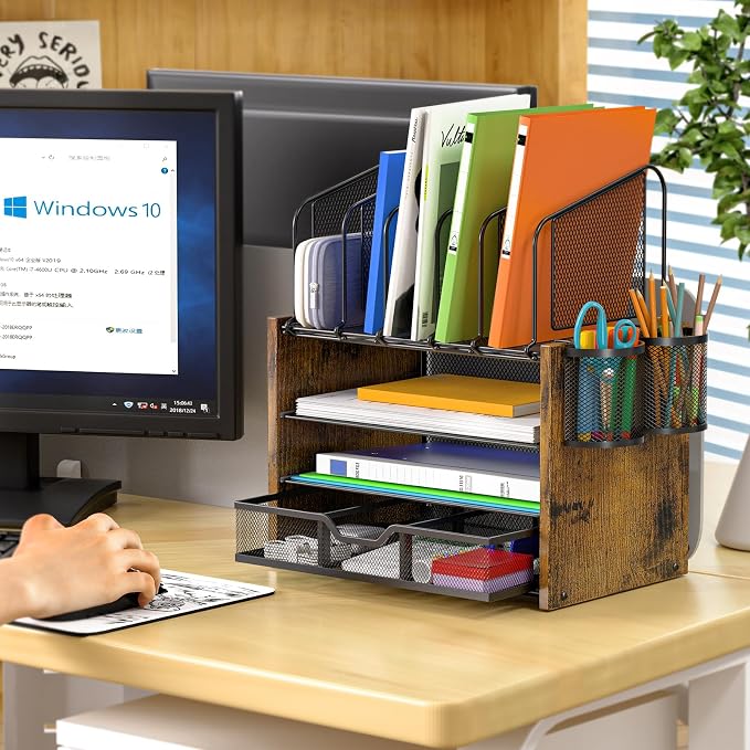 DAOUTIME 4-Tier Mesh Desk Organizer, Wooden Desk File Organizer - Image 4